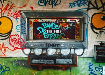 urbex à bordeaux, graffitis d'un télévision sur murs